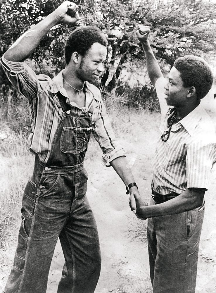 Tsietsi Mashinini and Khotso Seathlholo, student leaders, share a light-hearted moment in exile in Botswana.