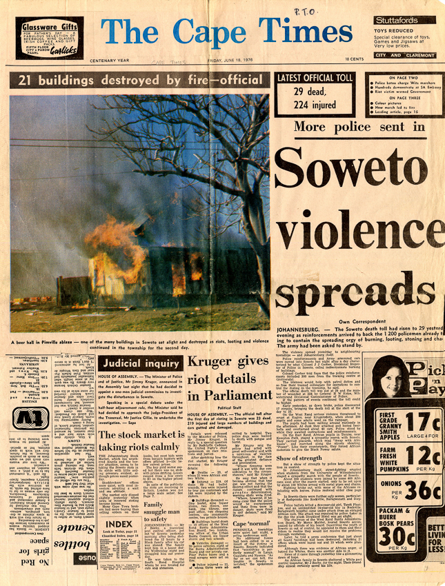 The Cape Times, Friday 18 June 1976 — "Soweto violence spreads".